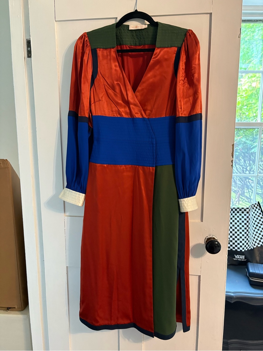 Tory Burch Rust, Royal Blue & Olive Colorblock Satin Midi Wrap Dress